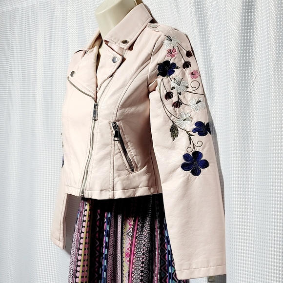 Me Jane Blush Pink Faux Leather Aviator Jacket Floral Embroidered (M/10 Girls) - Picture 3 of 14